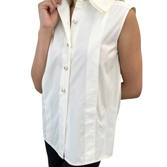 CHANEL Vintage CC Mark Logo Button Up Sleeveless Shirt Top White Gold [105371] - Picture 2 of 12